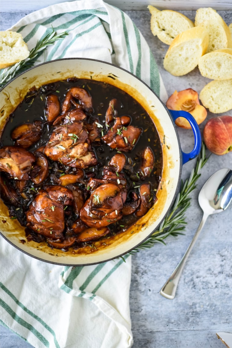 peach balsamic chicken in pan