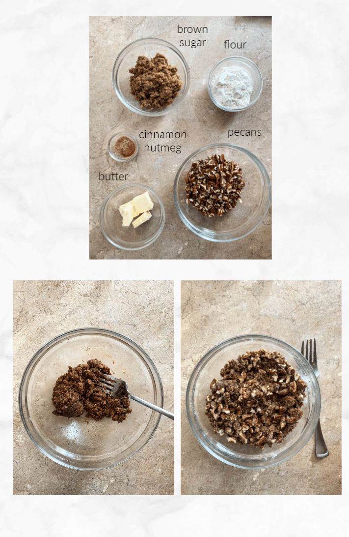 collage showing steps to make pecan crumble 
