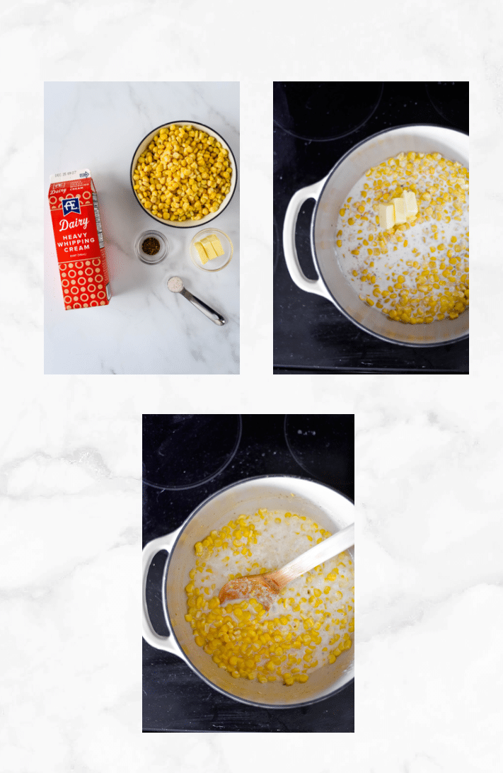 collage showing steps to make creamed corn