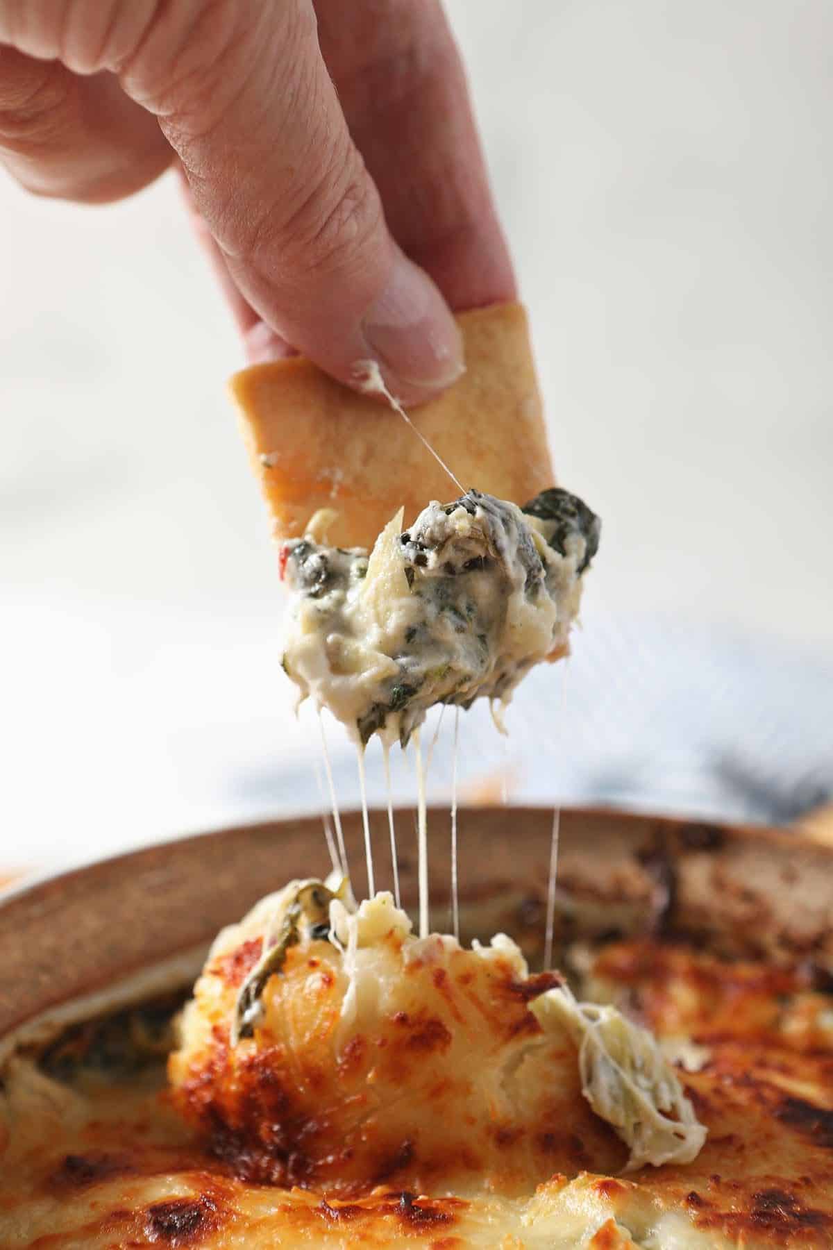 hand with cracker and spinach artichoke dip
