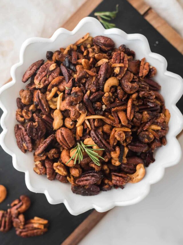 spiced mixed nuts in white bowl