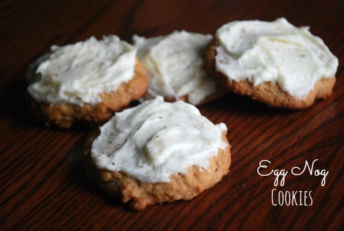 cookies with egg nog frosting on wooden table