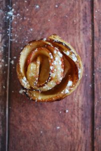 close up of apple rose in puff pastry