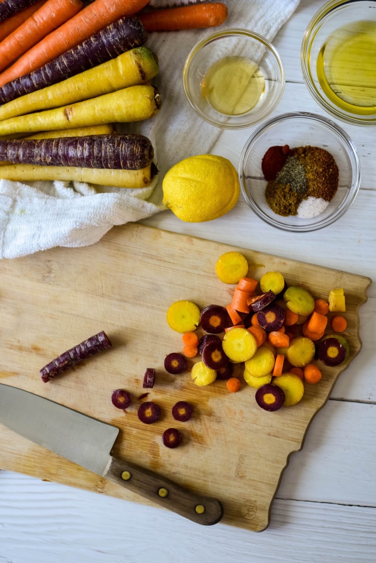 rainbow carrots to being prepped to roast