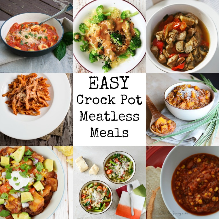 collage of images showing slow cooker meatless meals