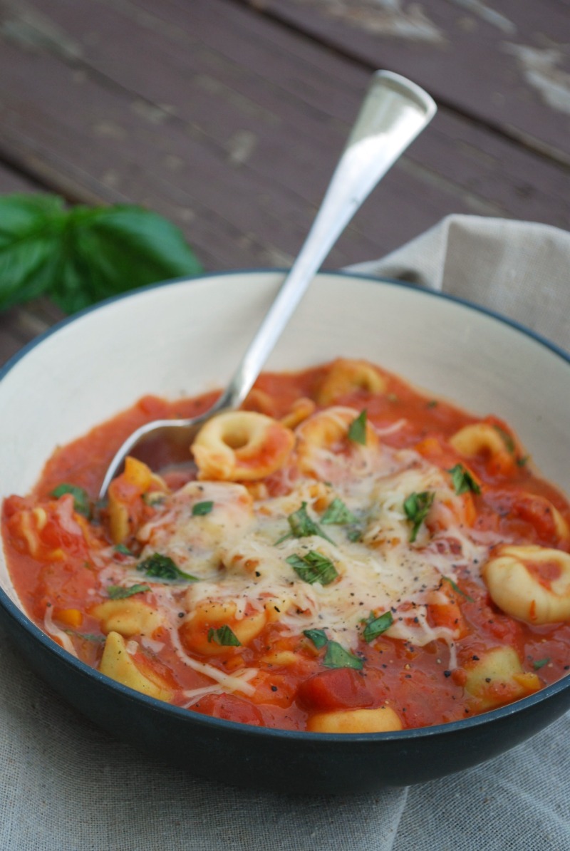 tomato basil soup with cheese tortellini in bowl with spoon, topped with cheese and fresh basil 