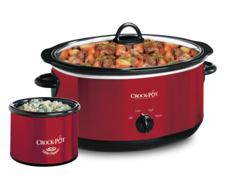 2 different sizes of red crock pots with food inside