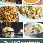 Six different meals in a collage with "The Best Weeknight Crockpot Meals" overlay text 