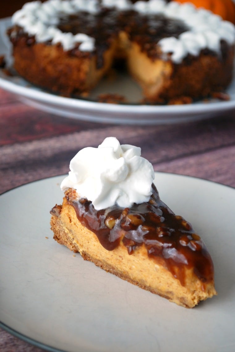 A slice of pumpkin pecan cheesecake on a white plate with the rest of the cheesecake in the background