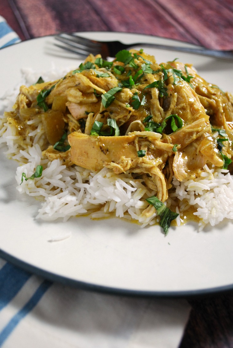 A close-up of a serving of coconut chicken curry on a white plate