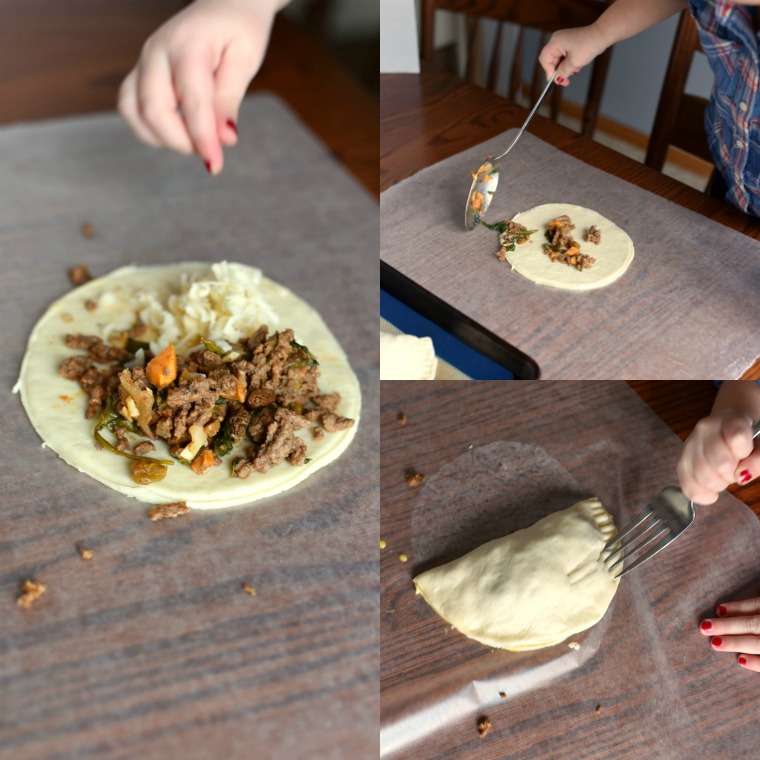 Three different images of a child making beef empanadas 