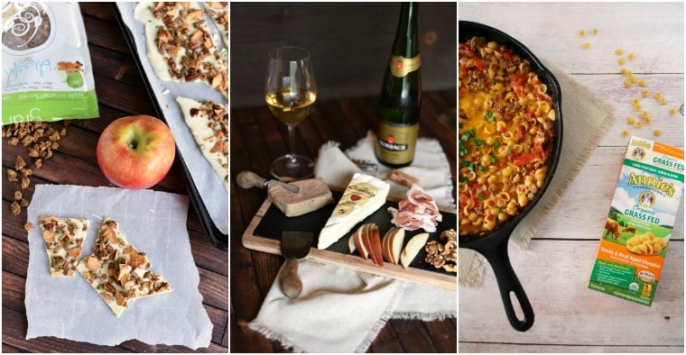 A collage with apple cinnamon bark, French charcuterie, and skillet beef macaroni and cheese