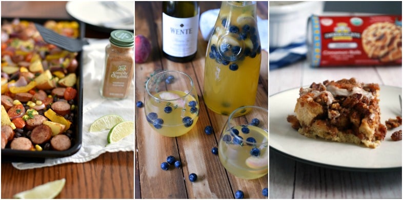 A collage of sausage sheet pan, summer sangria, and cinnamon roll bake