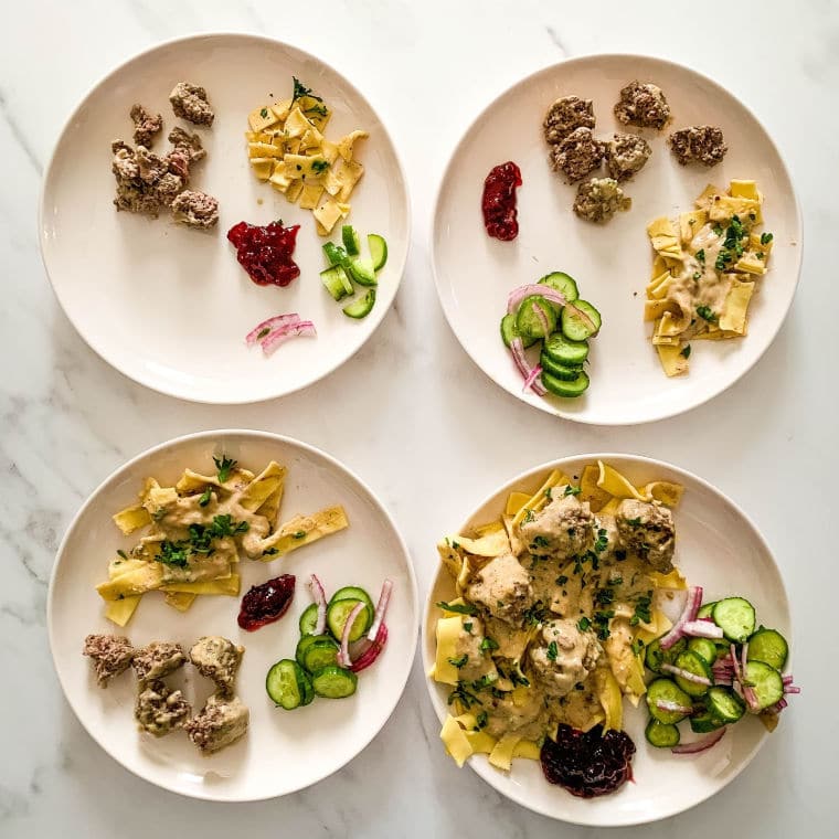 image showing four plates with plating of swedish meatballs and cucumber salad for different ages