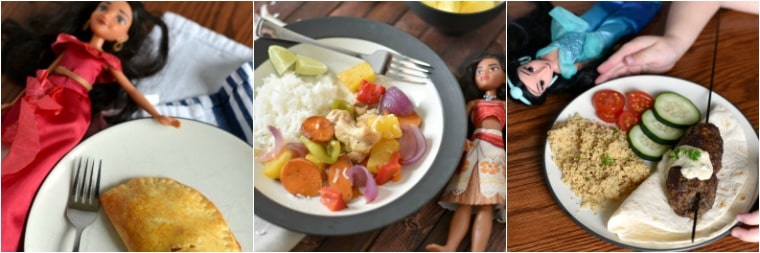 A plate of Polynesian chicken and rice with a Moana doll and a bowl of pineapple on a wooden table 