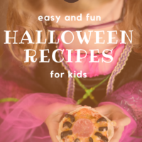 girl wearing witch costume and holding mini pizza with decorative text overlay