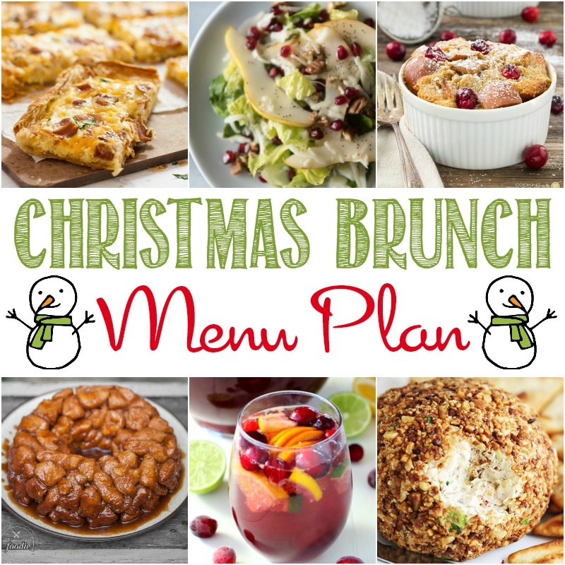 6 different Christmas Brunch ideas with snowmen next to the words \"Christmas Brunch Menu Plan\" in the middle of the 6 meal ideas