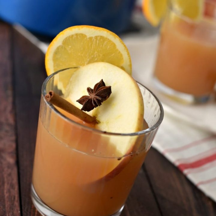 A clear glass with apple cider wassail garnished with an orange and apple slice, a cinnamon stick, and a star anise. 
