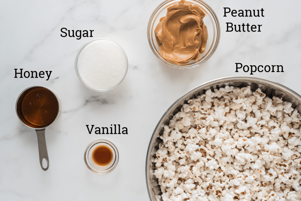 ingredients for peanut butter popcorn with text labels