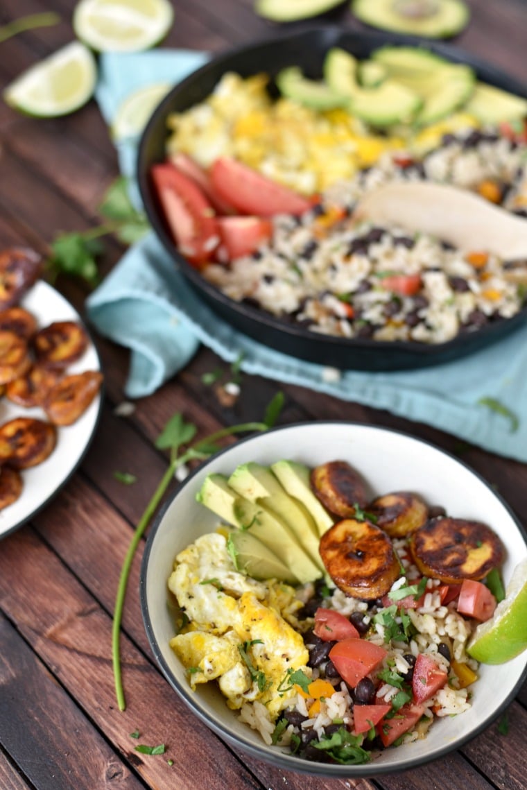 bowl of Costa Rican Gallo Pinto beside Skillet 