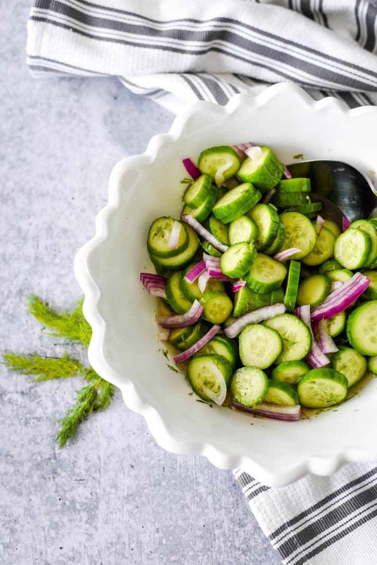 swedish cucumber salad in white bowl
