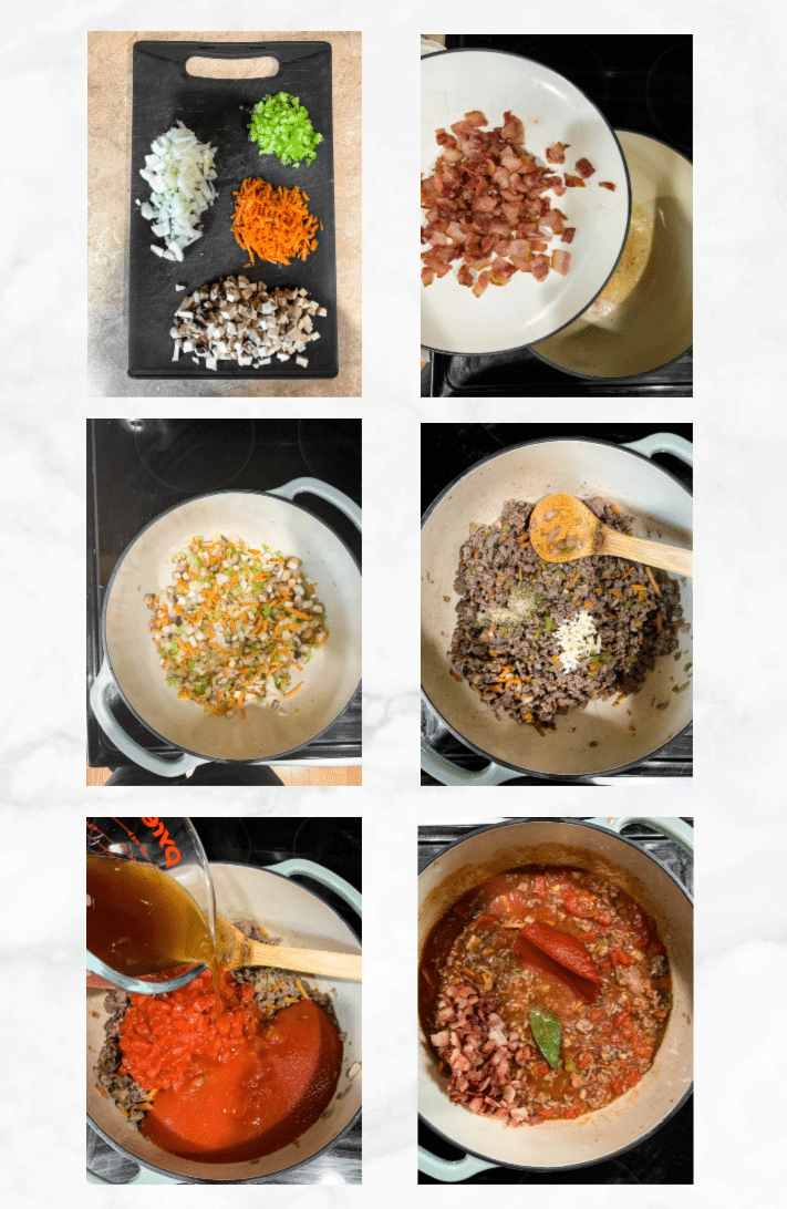 collage showing images to make rags - chopping vegetables, sautéing vegetables, beef, and pouring in sauce