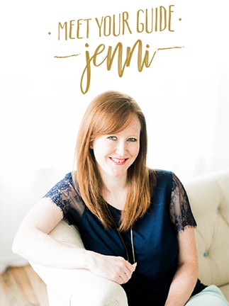 A person posing for the camera with handwritten text "meet your guide Jenni" text