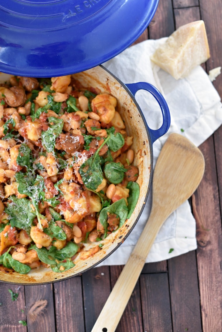 Gnocchi in skillet with spoon 