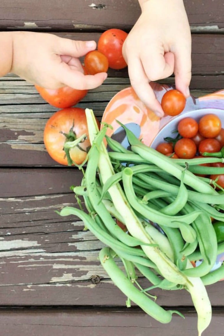 kid hands taking green beans and cherry tomatoes from bowl 