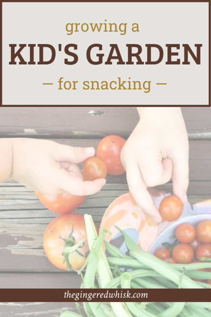 kids hands taking vegetables from bowl with text overlay that reads "kids garden for snacking"