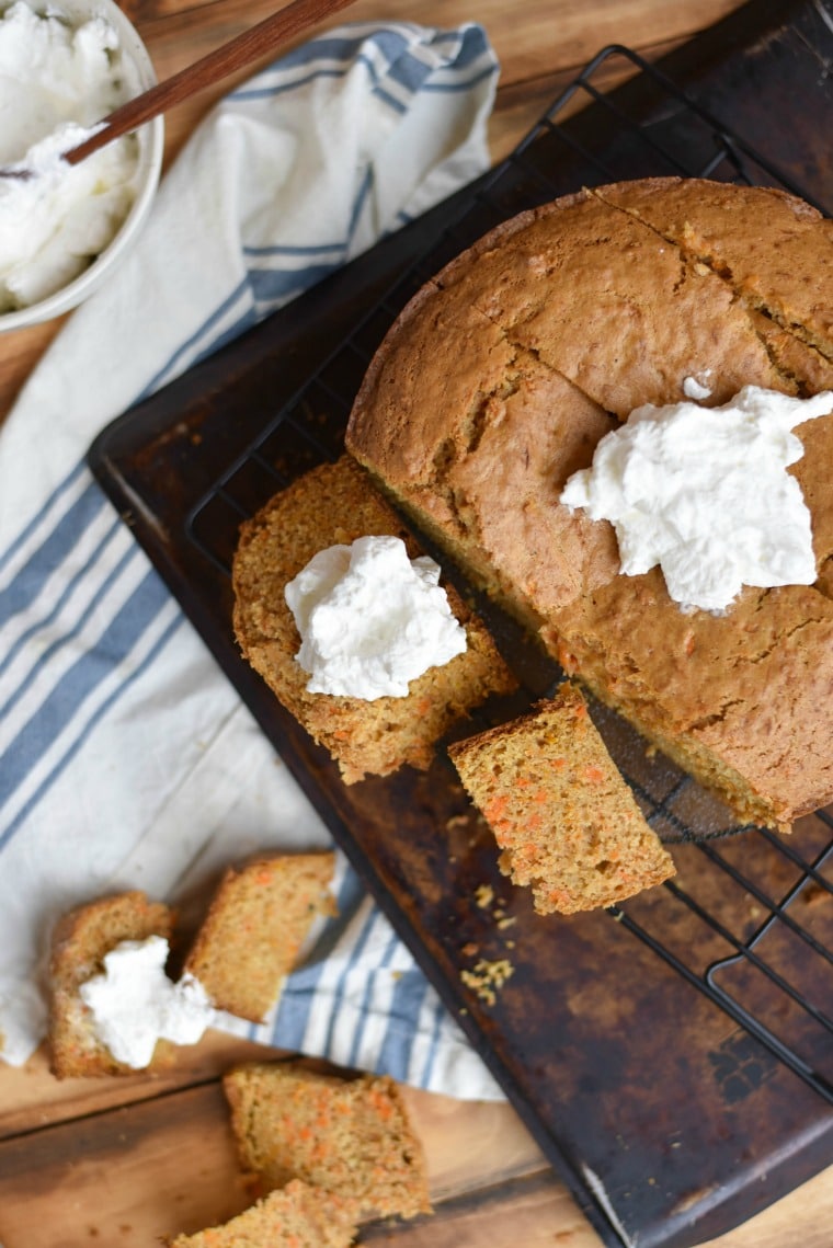 Carrot Cake Cut into Slices with Whipped Cream 