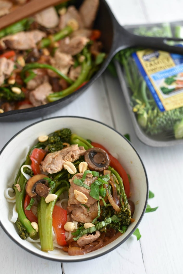 Thai Pork with Broccolini in a cast iron skillet 