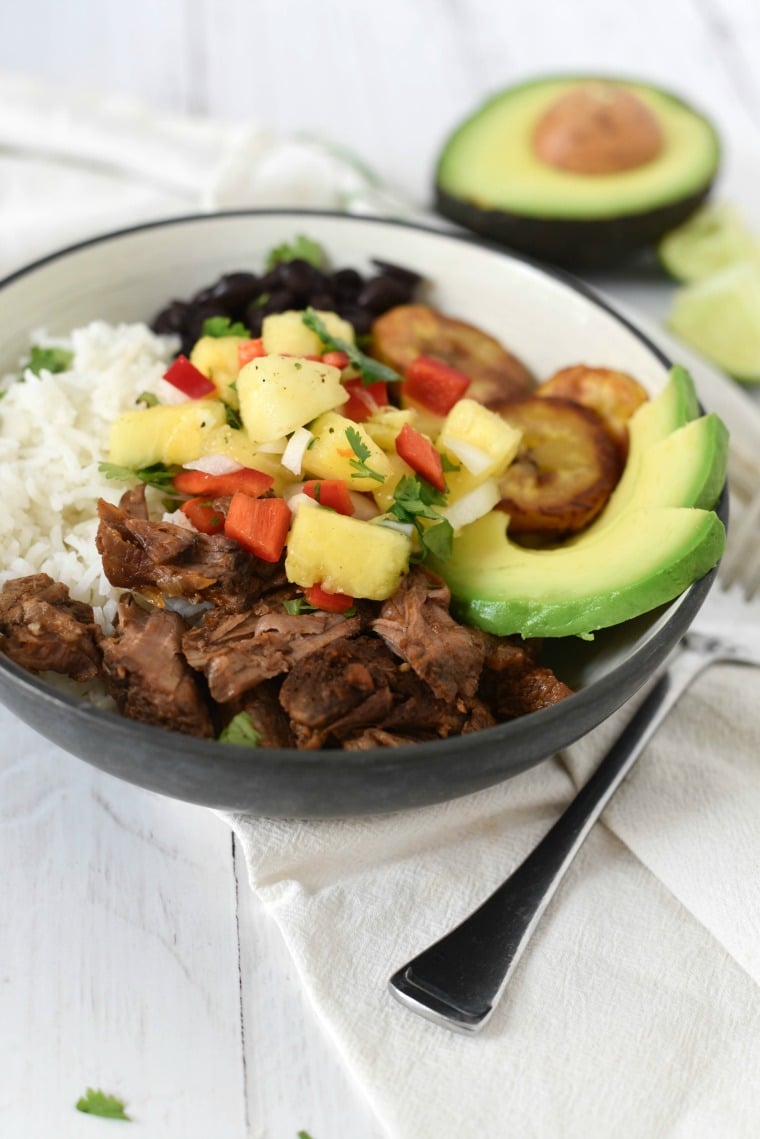 bowl filled with cuban beef bowl ingredients 