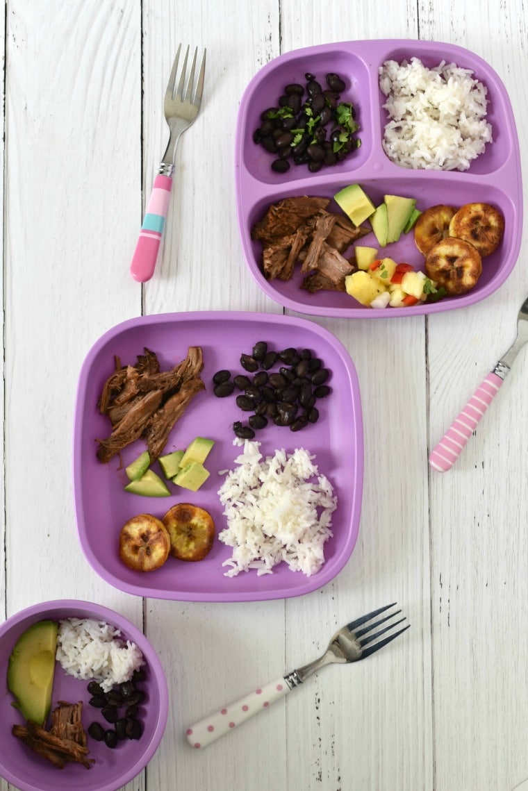three purple plates with different parts of a meal for cuban beef bowls