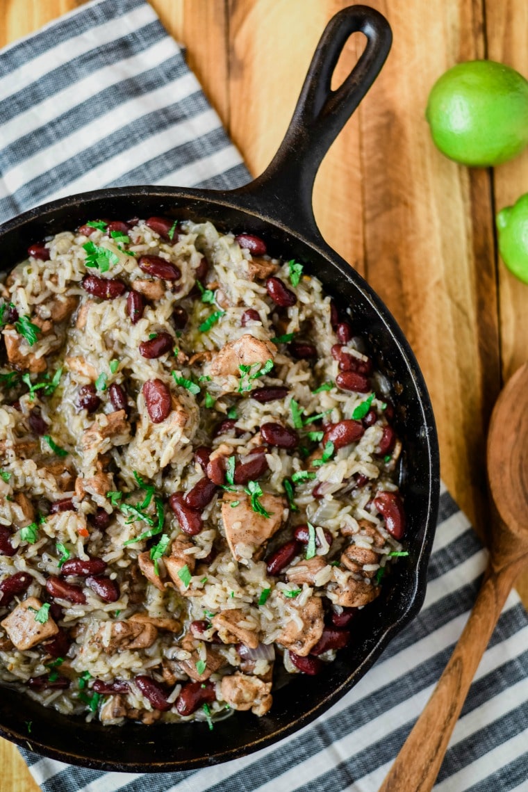 skillet with rice and beans and chicken