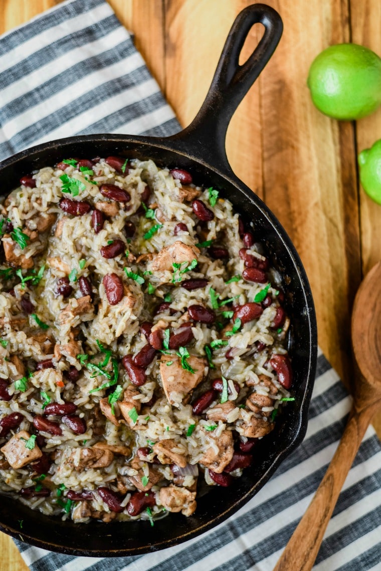 skillet with rice and beans and chicken 