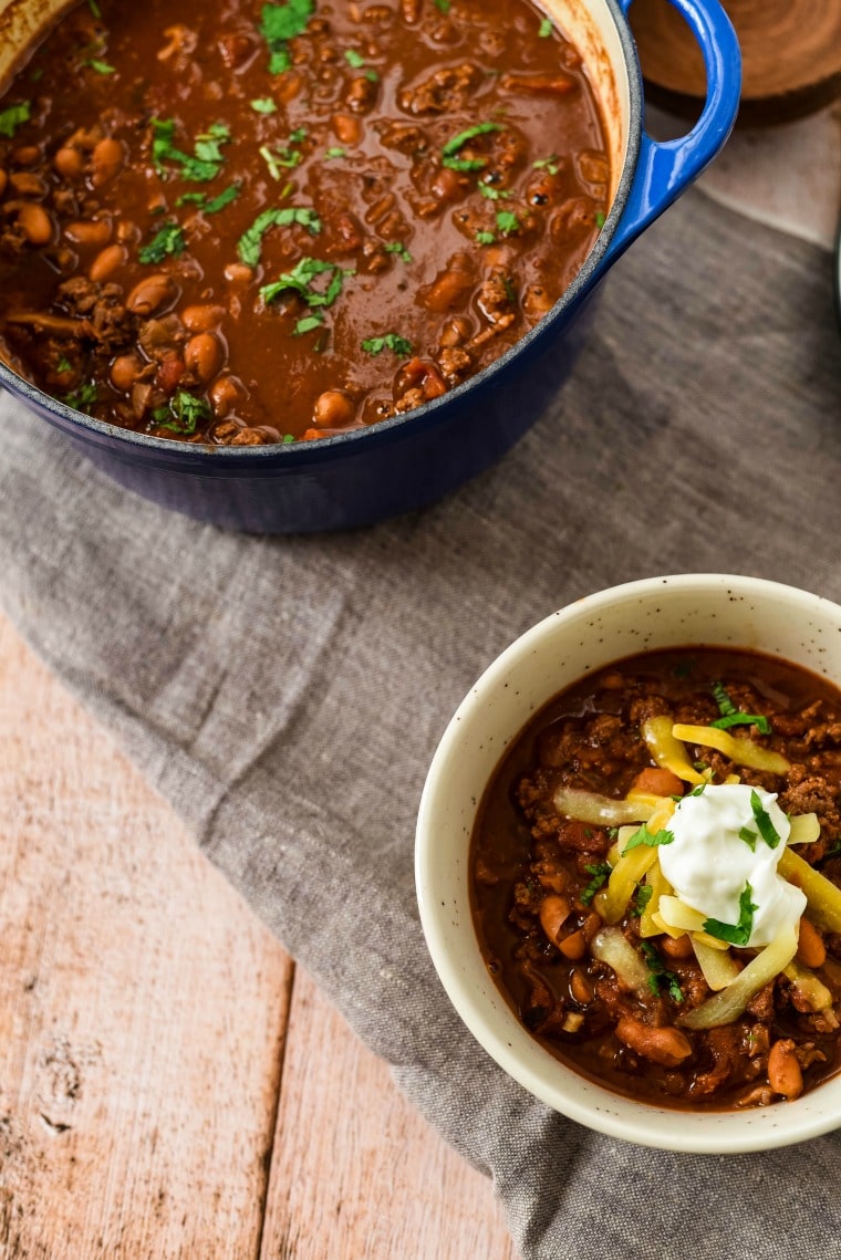 Bison Chili in bowl next to pot