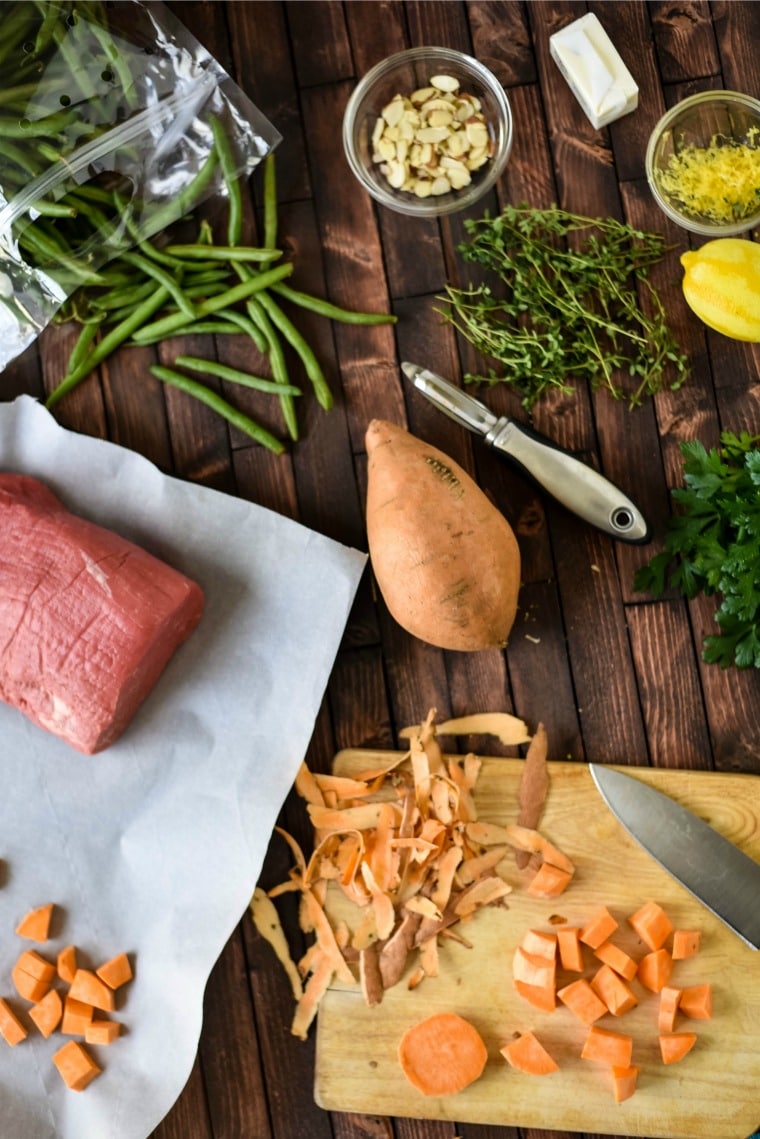 Preparation of ingredients for sheet pan dinner