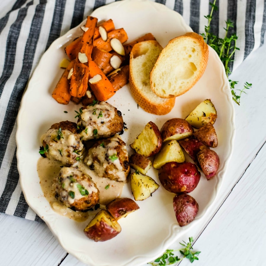 Sheet Pan Spiced Pork Meatballs in Almond Sauce with Roasted Vegetables