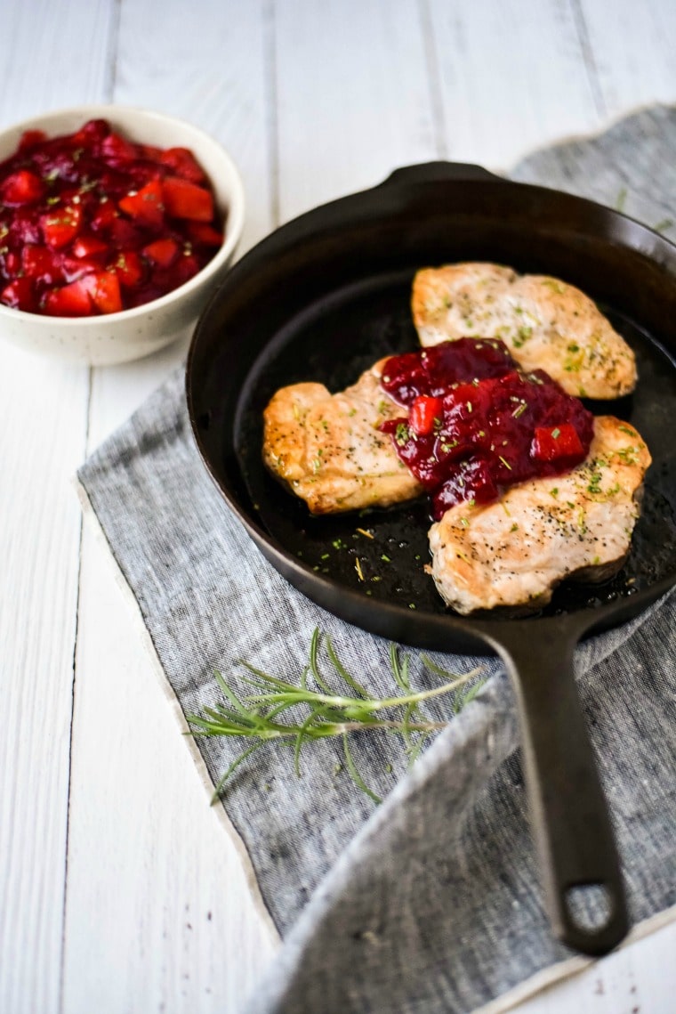 Pork Chops in Skillet with Apple Cranberry Sauce