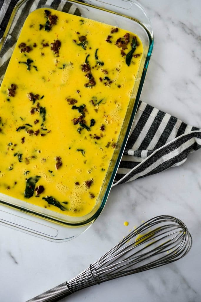 chorizo frittata recipe in casserole dish before baking