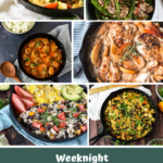 6 different cast iron skillets full of food with the caption "weeknight cast iron skillet meals"