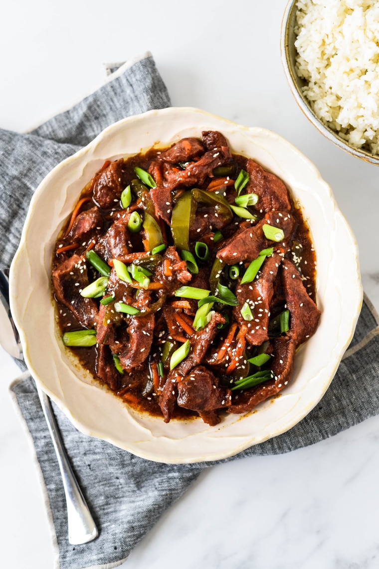 Slow Cooker Mongolian Beef in Serving Bowl