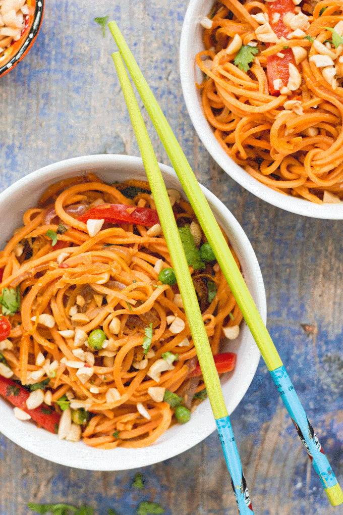 sweet potato noodles in bowl with chopsticks