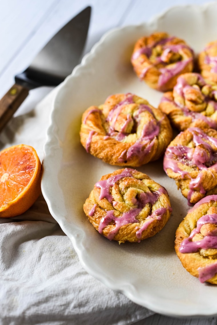 puff pastry pinwheels with blood orange on tray