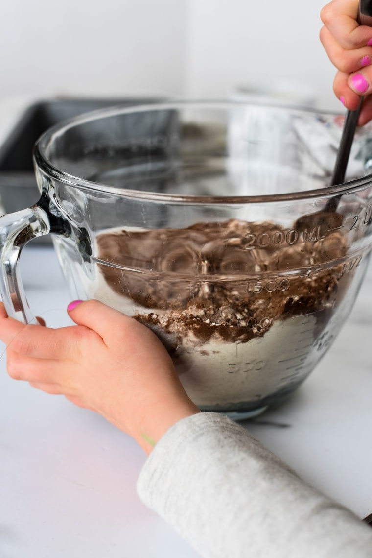 ingredients for wacky cake in bowl 