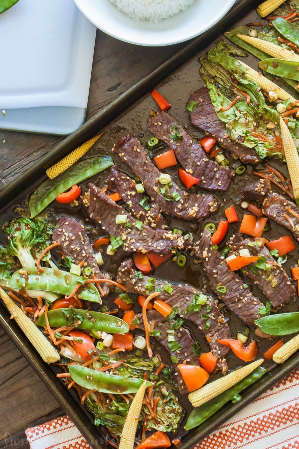 sheet pan recipe of beef teriyaki with vegetables 