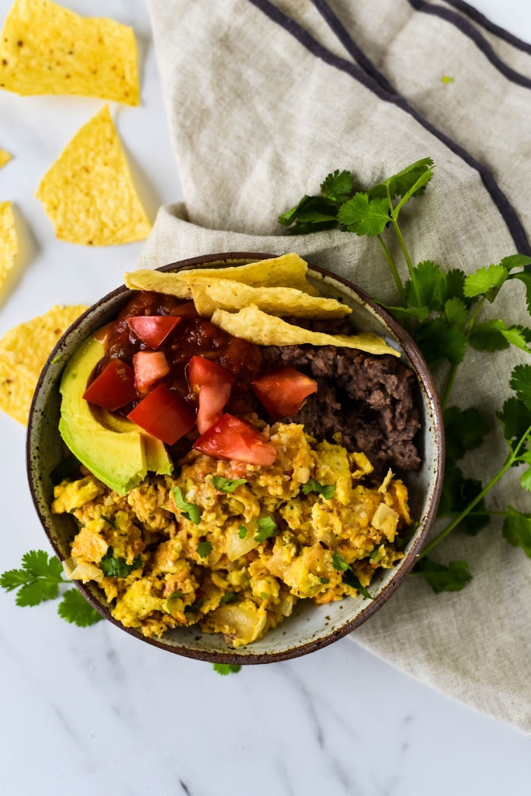 Migas Breakfast Bowl with tortilla chips