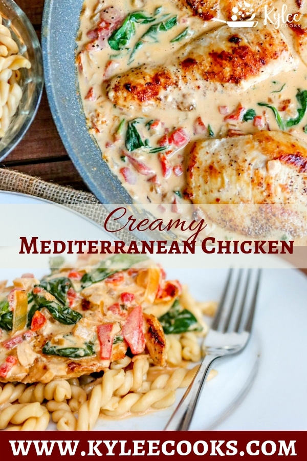 two pictures of Creamy-Mediterranean-Chicken-Skillet- with text overlay