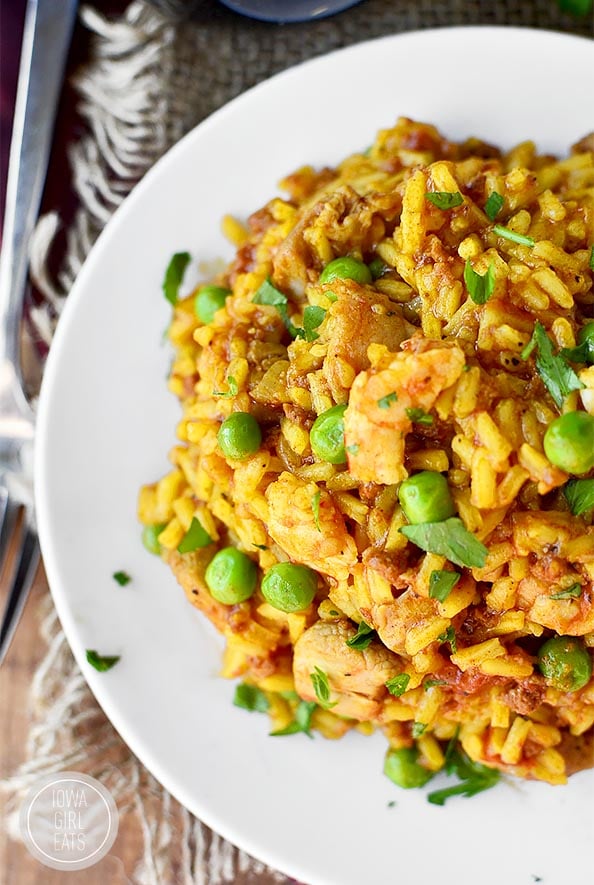 bowl of paella with peas